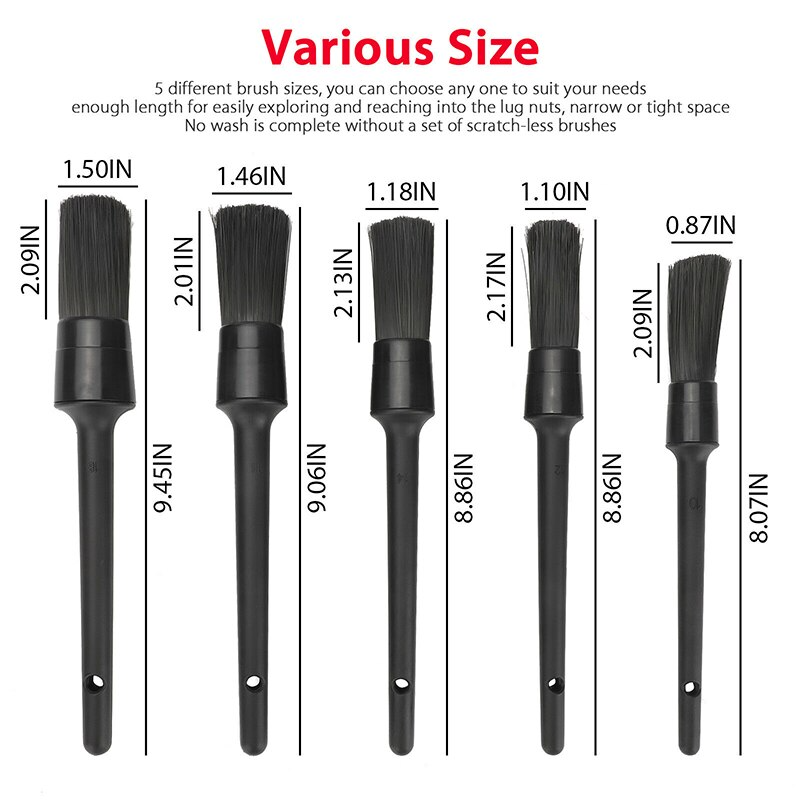 5PC Car Detailing Brush Kit — Boar Hair Interior & Wheel Cleaning Set